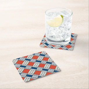 Retro Red Blue Geometric Pattern Paper Coaster