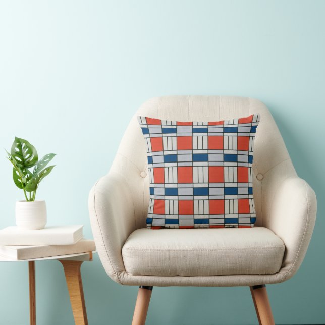 Retro Red Blue Grey Geometric Pattern Cushion (Chair)