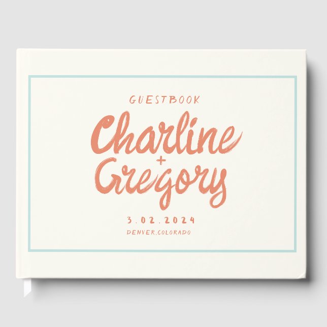 Retro Red blue Handwriting Wedding  Guest Book (Front)