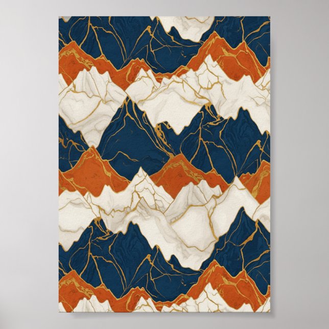 Retro Red Blue Mountain Landscape Art Poster (Front)