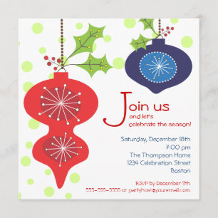 Retro Red & Blue Ornament Holiday Party Invitation