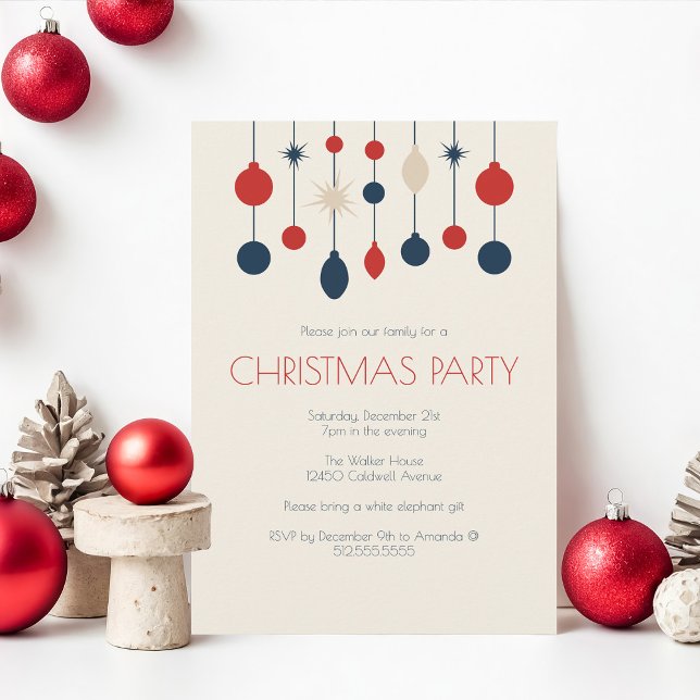 Retro Red Blue Ornaments Christmas Party Invitation (Creator Uploaded)