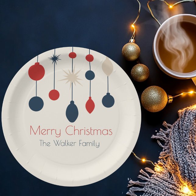 Retro Red Blue Ornaments Christmas Party Paper Plate (Creator Uploaded)