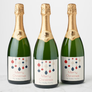 Retro Red Blue Ornaments Christmas Party Sparkling Wine Label