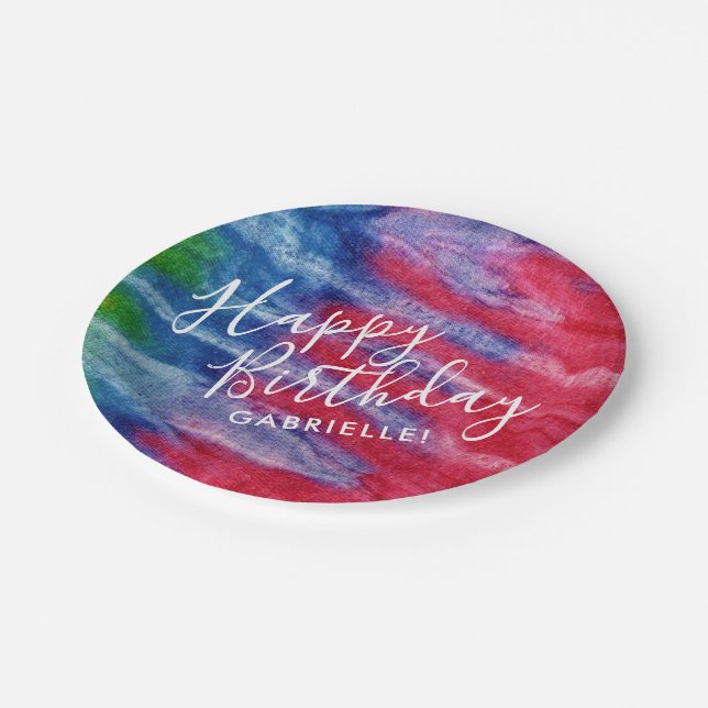 Retro Red Blue Tie Dye Happy Birthday with Name Paper Plate (Angled)