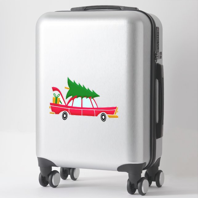 Retro Red Car Carrying a Christmas Tree (Suitcase)