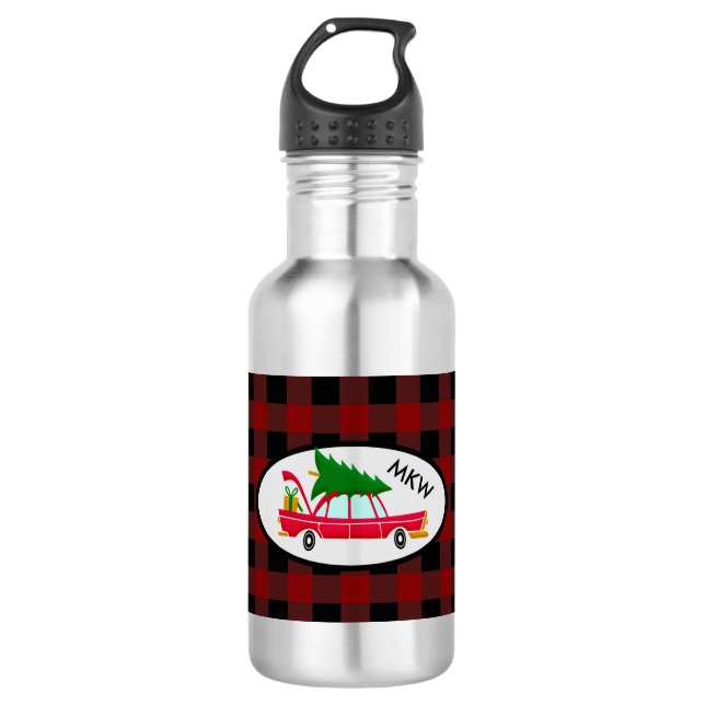 Retro Red Car Carrying a Christmas Tree 532 Ml Water Bottle (Front)