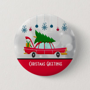 Retro Red Car Carrying a Christmas Tree 6 Cm Round Badge