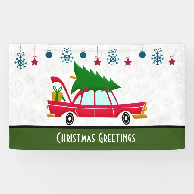 Retro Red Car Carrying a Christmas Tree Banner (Horizontal)