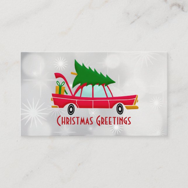 Retro Red Car Carrying a Christmas Tree Business Card (Front)