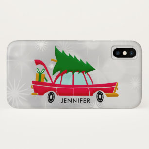Retro Red Car Carrying a Christmas Tree iPhone X Case