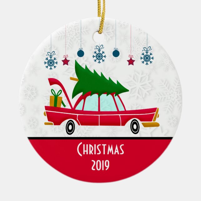 Retro Red Car Carrying a Christmas Tree Ceramic Tree Decoration (Front)