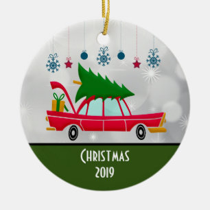 Retro Red Car Carrying a Christmas Tree Ceramic Tree Decoration