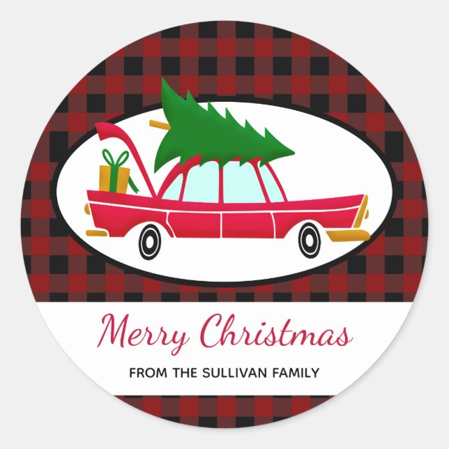 Retro Red Car Carrying a Christmas Tree Classic Round Sticker (Front)