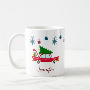 Retro Red Car Carrying a Christmas Tree Coffee Mug