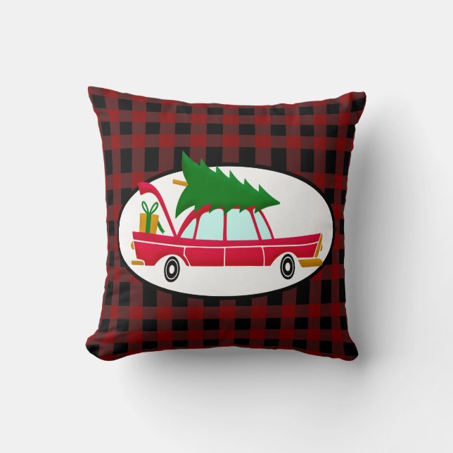 Retro Red Car Carrying a Christmas Tree Cushion (Front)