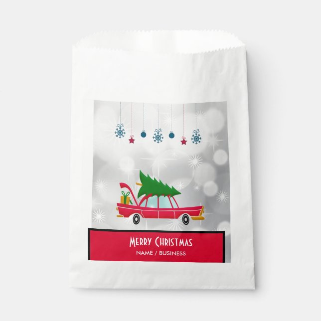 Retro Red Car Carrying a Christmas Tree Favour Bags (Front)