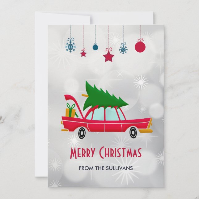Retro Red Car Carrying a Christmas Tree Holiday Card (Front)