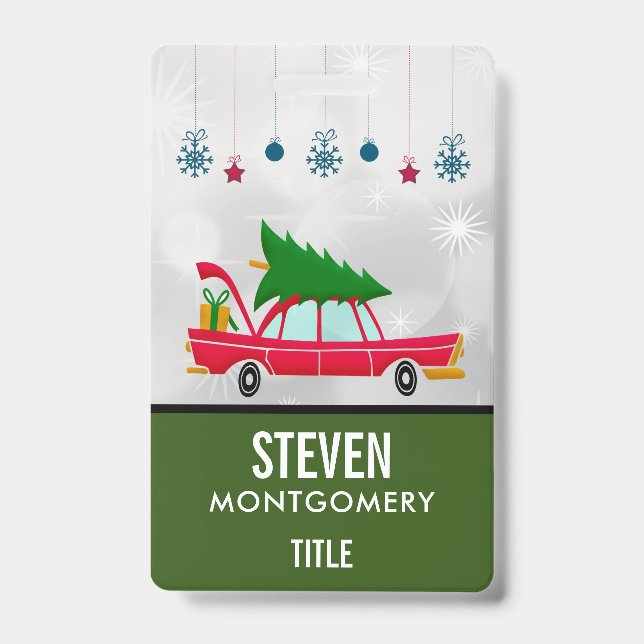 Retro Red Car Carrying a Christmas Tree ID Badge (Front)