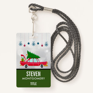Retro Red Car Carrying a Christmas Tree ID Badge