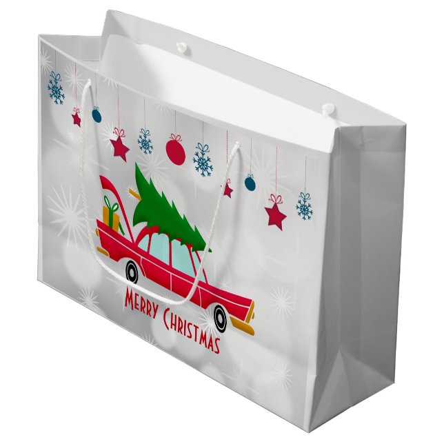 Retro Red Car Carrying a Christmas Tree Large Gift Bag (Front Angled)
