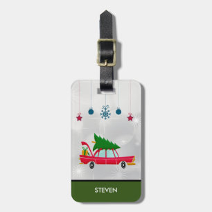 Retro Red Car Carrying a Christmas Tree Luggage Tag