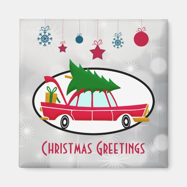 Retro Red Car Carrying a Christmas Tree Magnet (Front)