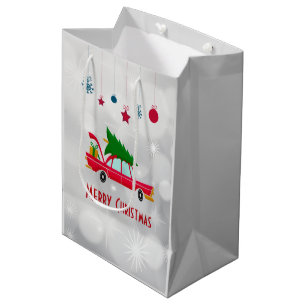Retro Red Car Carrying a Christmas Tree Medium Gift Bag
