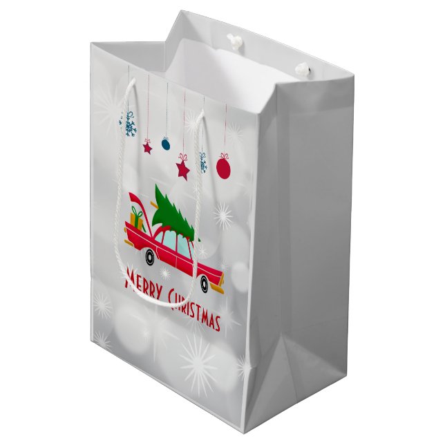 Retro Red Car Carrying a Christmas Tree Medium Gift Bag (Front Angled)