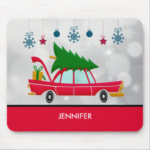 Retro Red Car Carrying a Christmas Tree Mouse Mat