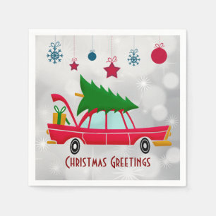 Retro Red Car Carrying a Christmas Tree Napkin