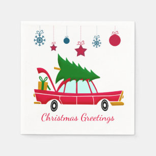 Retro Red Car Carrying a Christmas Tree Napkin
