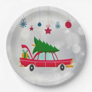 Retro Red Car Carrying a Christmas Tree Paper Plate