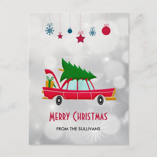 Retro Red Car Carrying a Christmas Tree Postcard (Front)