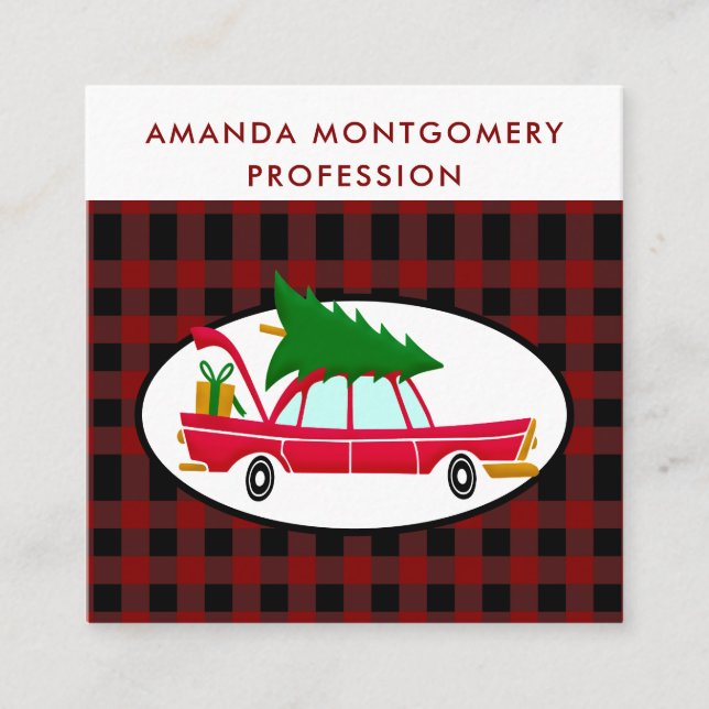Retro Red Car Carrying a Christmas Tree Square Business Card (Front)
