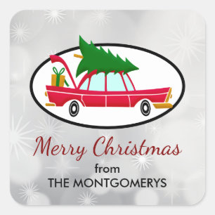 Retro Red Car Carrying a Christmas Tree Square Sticker