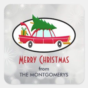 Retro Red Car Carrying a Christmas Tree Square Sticker