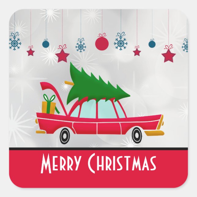 Retro Red Car Carrying a Christmas Tree Square Sticker (Front)