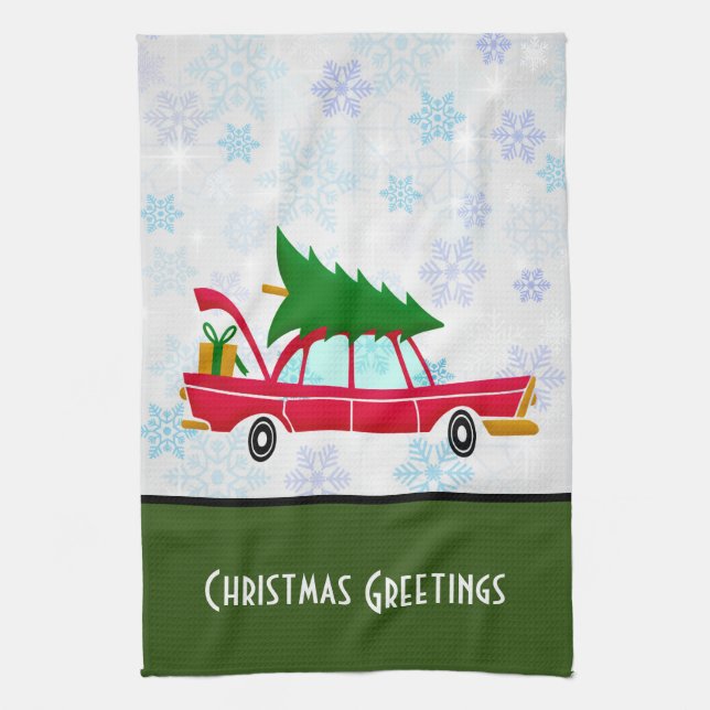 Retro Red Car Carrying a Christmas Tree Tea Towel (Vertical)