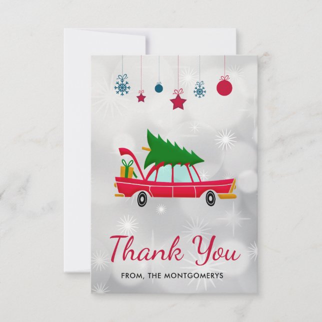 Retro Red Car Carrying a Christmas Tree Thank You (Front)