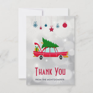 Retro Red Car Carrying a Christmas Tree Thank You Card