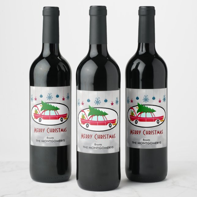 Retro Red Car Carrying a Christmas Tree Wine Label (Bottles)