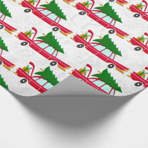 Retro Red Car Carrying a Christmas Tree Wrapping Paper