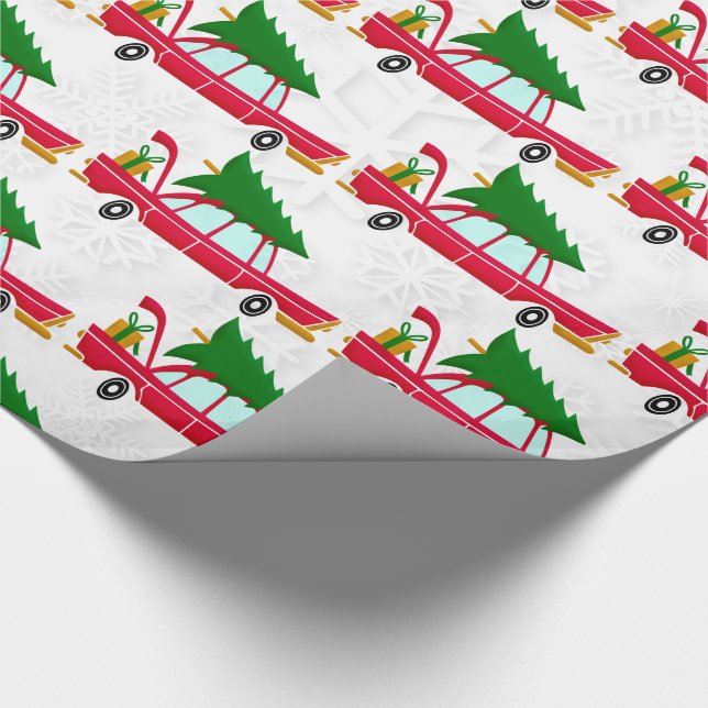 Retro Red Car Carrying a Christmas Tree Wrapping Paper (Corner)
