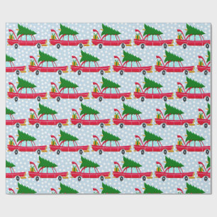 Retro Red Car Carrying a Christmas Tree Wrapping Paper
