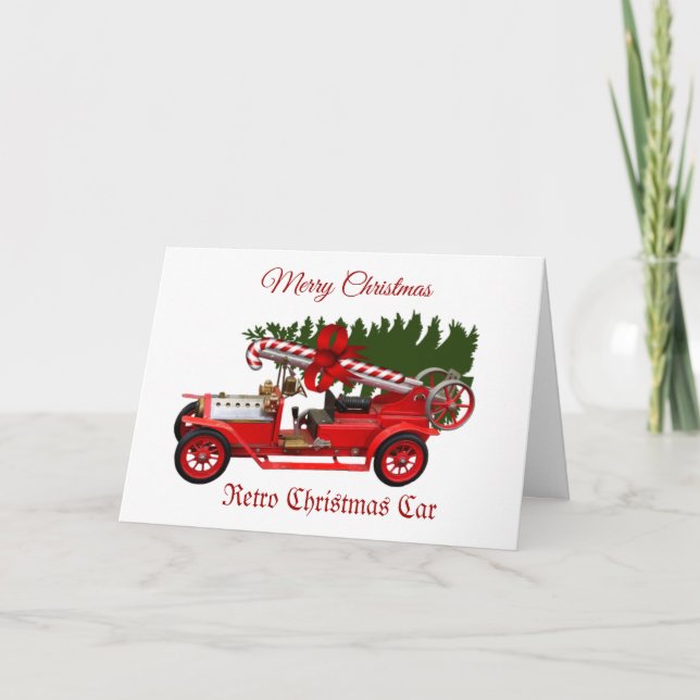 Retro Red Car Christmas Tree Greeting Card (Front)