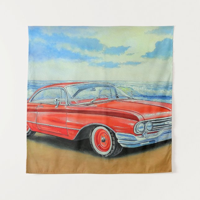 Retro red car, seaside painting. tapestry (Front)
