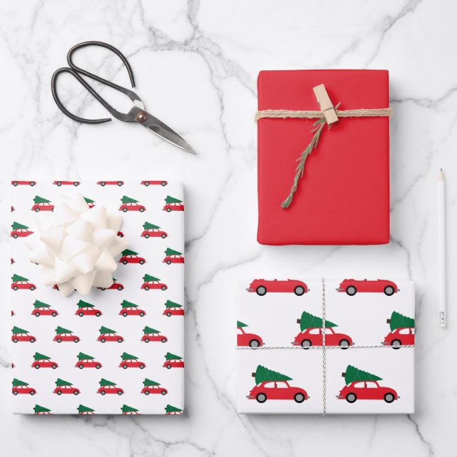 Retro Red Car With Christmas Tree on Roof Wrapping Paper Sheet (Front)