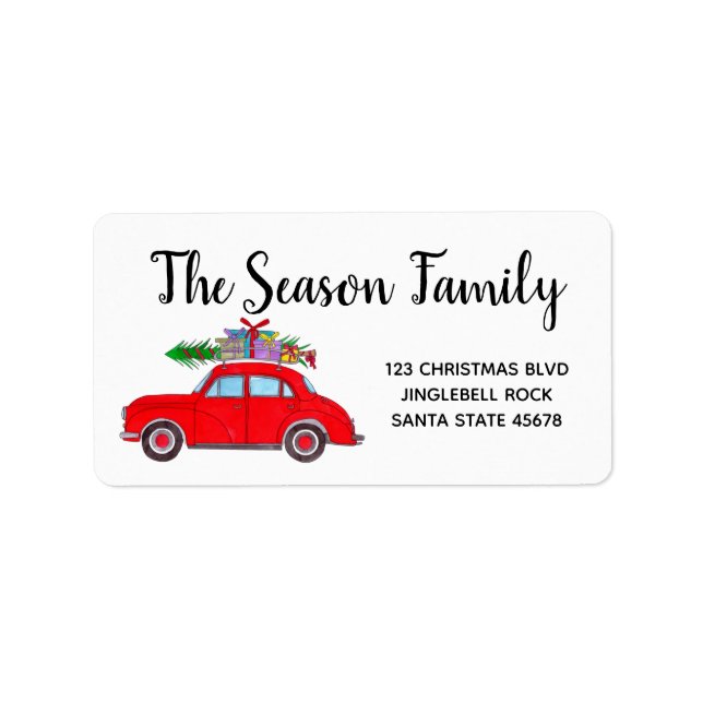 Retro Red Car with Christmas tree Watercolor Label (Front)