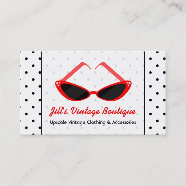 Retro Red Cat Eye Sunglasses & Black Polka Dots Business Card (Front)